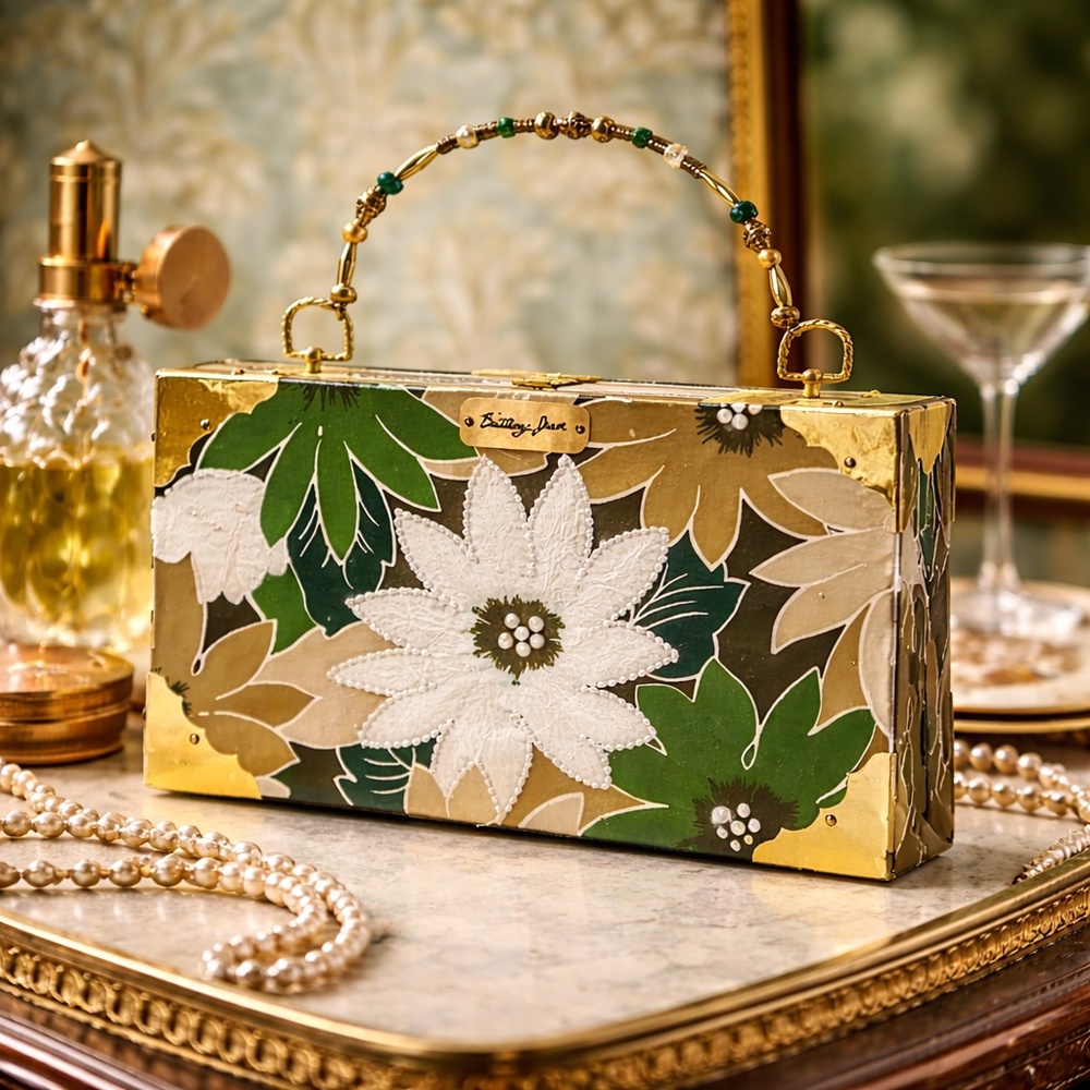 BRITTANY JEAN Y2K Handmade‎ Upcycled Green Gold Floral Cigar Box Purse Retro